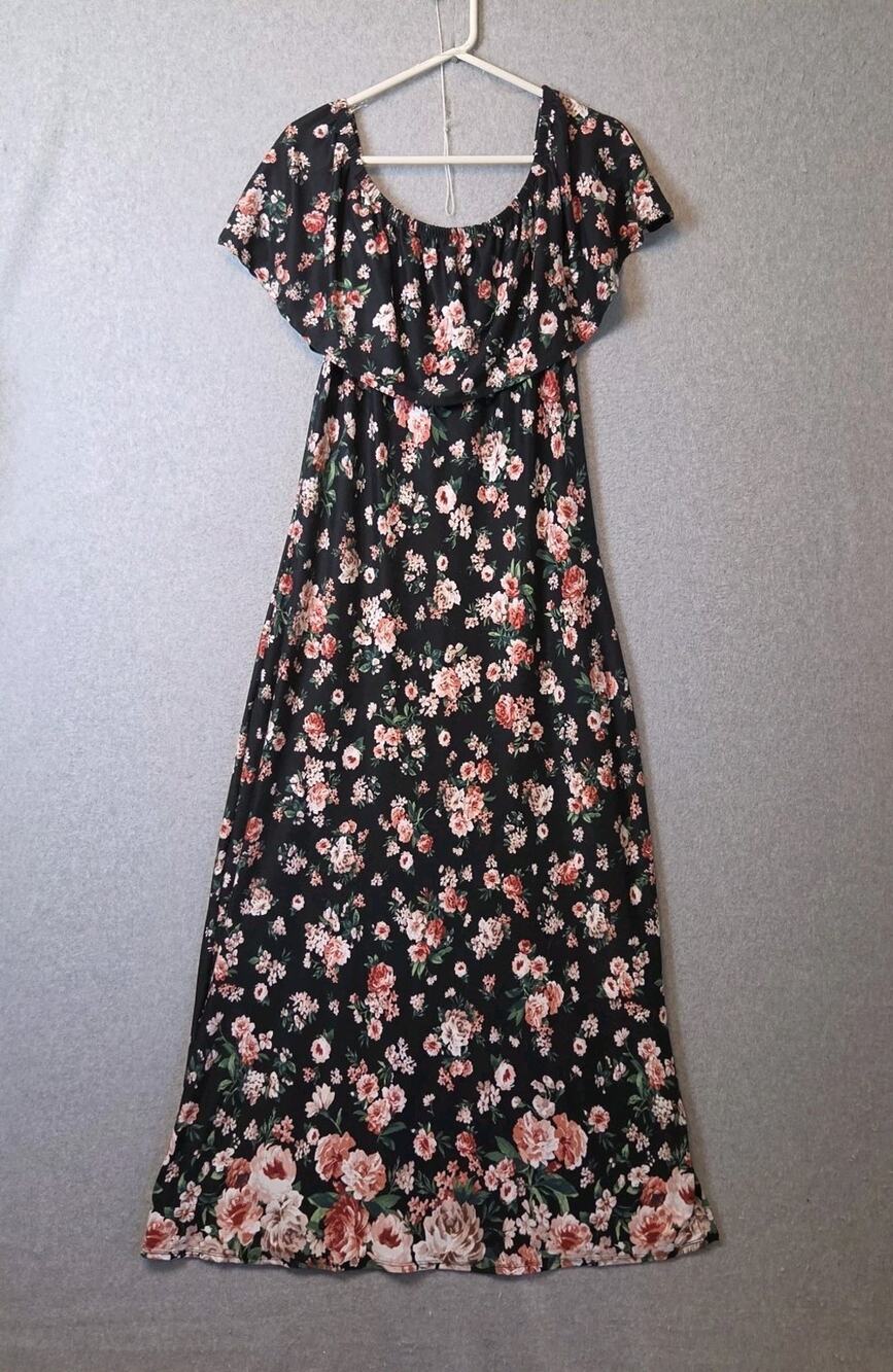 Vibe Sportswear Black Floral Off Shoulder Maxi Dress Plus Size 1X Stretch
